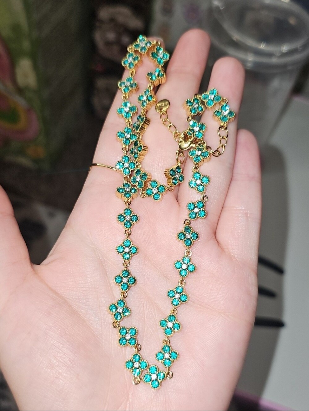 Four Leaf Clover Flower Necklace Green Gold Tone Chain New